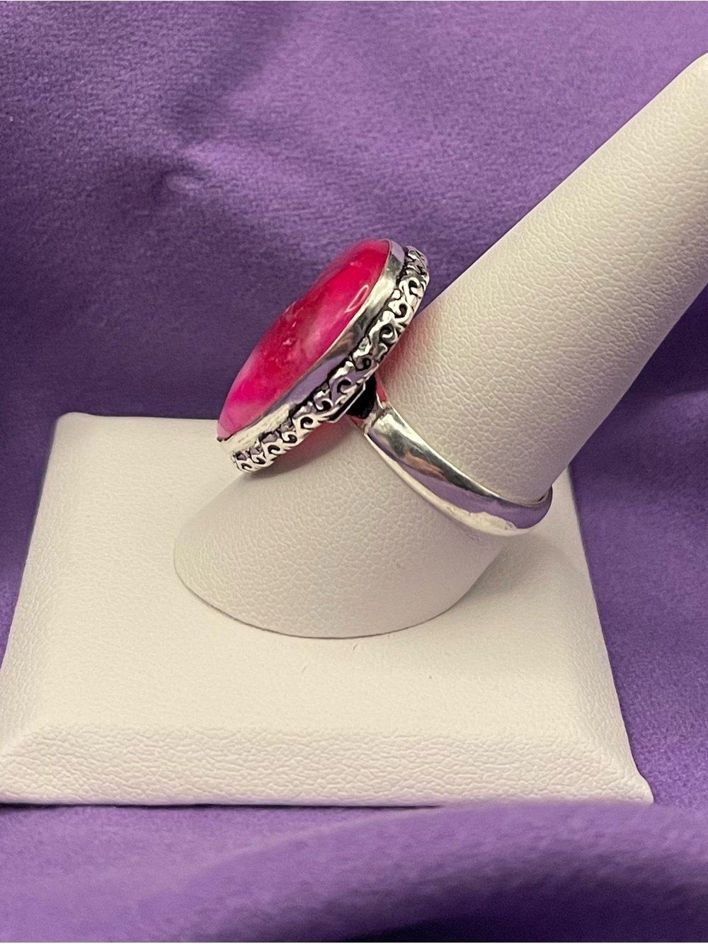 Vintage NWOT .925 SS Pink Agate statement ring size 9 …. 6.84 g - Picture 7 of 10